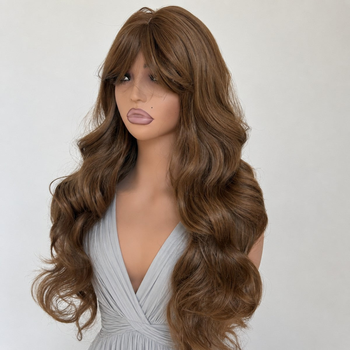 Medium Brown Long Wavy Synthetic Wig with Bangs for Cosplay & Party