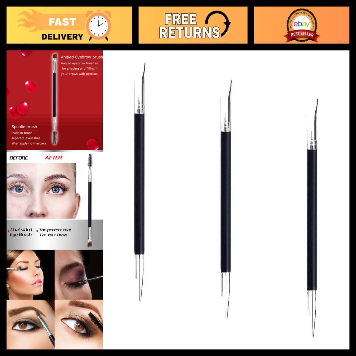 Angled Eyebrow Brush with Spoolie & Eyelash Comb 3-Pack - Professional Makeup Tools