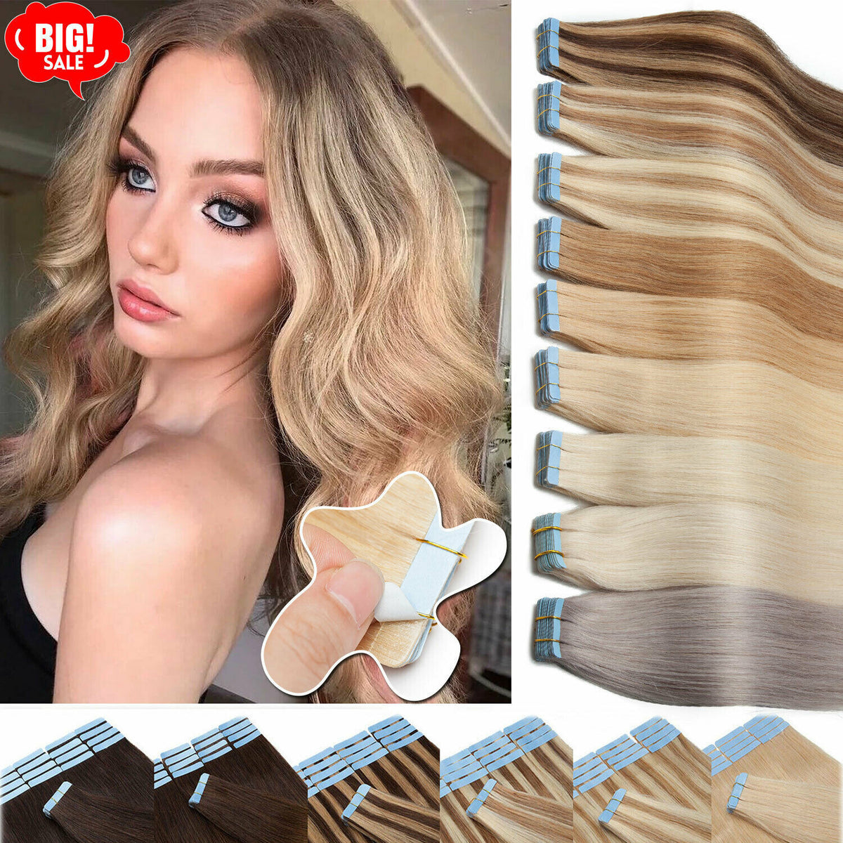 Invisible Tape Hair Extensions - Human Hair Tape-In Wefts, Reusable, Natural Remy Hair