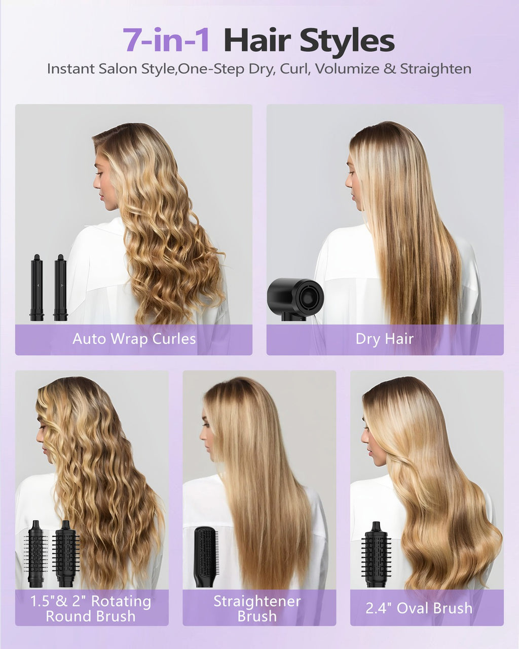 7-in-1 Hair Dryer Brush & Styler Set - Fast Drying Curling & Straightening