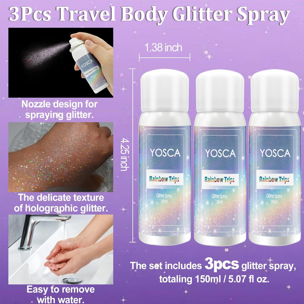 3-Pack Yosca Body Glitter Spray Set - Holographic Silver Rainbow Sparkle (50ml Each)