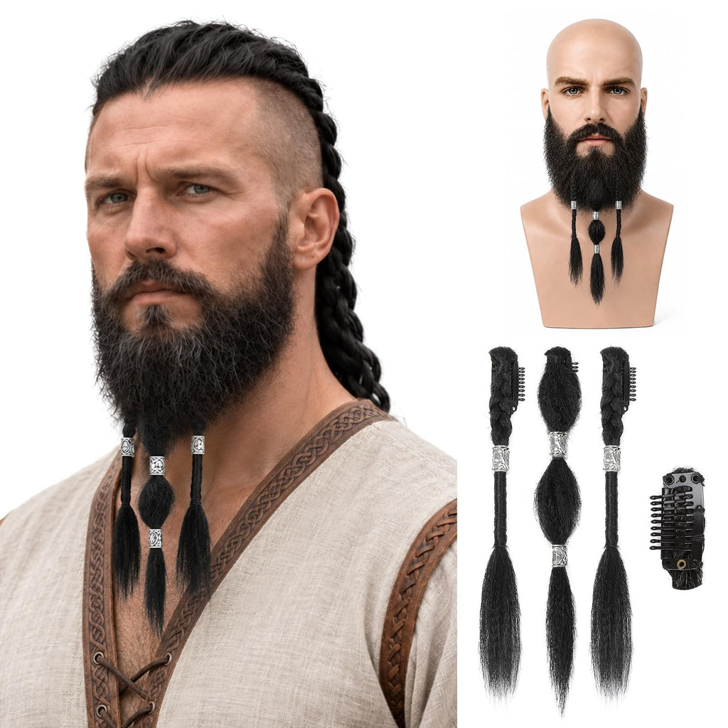 6-Inch Viking Beard Braids for Men, 3 Pcs Clip-In Facial Hair Extensions