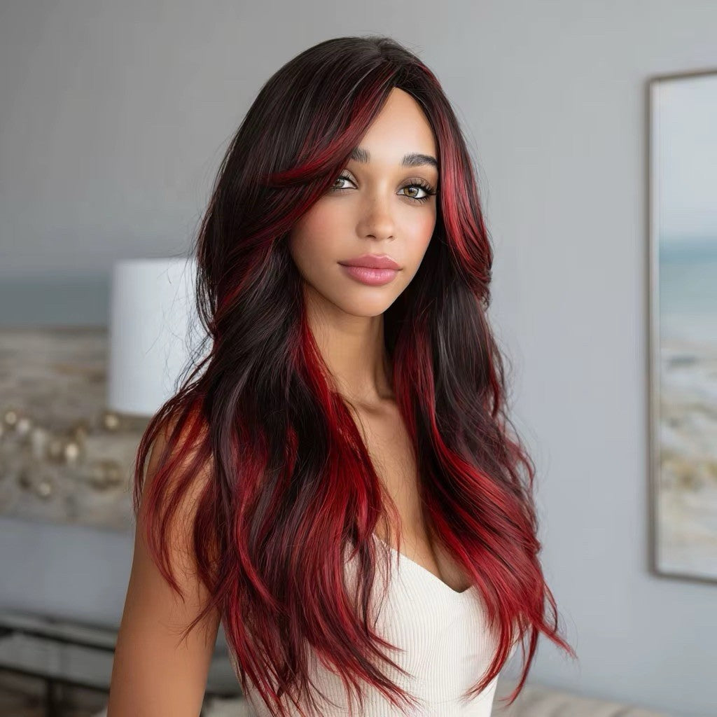 Long Wavy Lace Front Curly Wig with Red Gradient Highlights - 28 Inch Goth Style