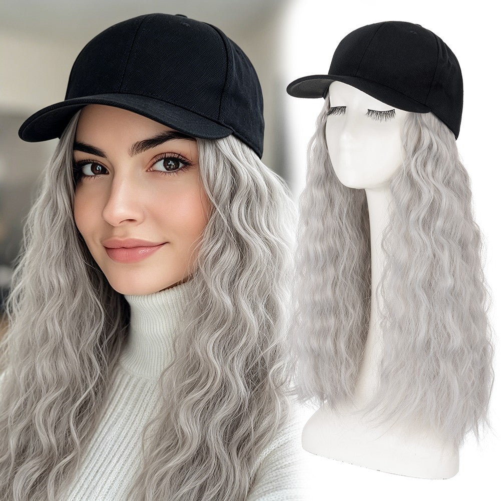 16-Inch Long Curly Cap Wig with Adjustable Baseball Hat and Attached Hair