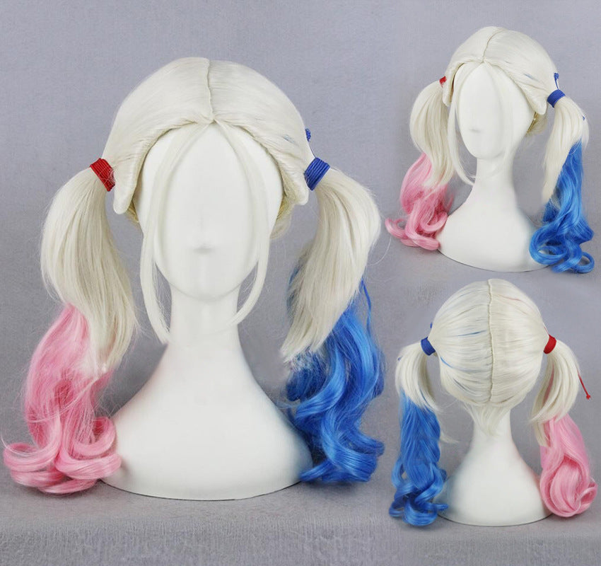 Harley Quinn Cosplay Wig 20 Inch Pink Blue Gradient Synthetic Hair Costume