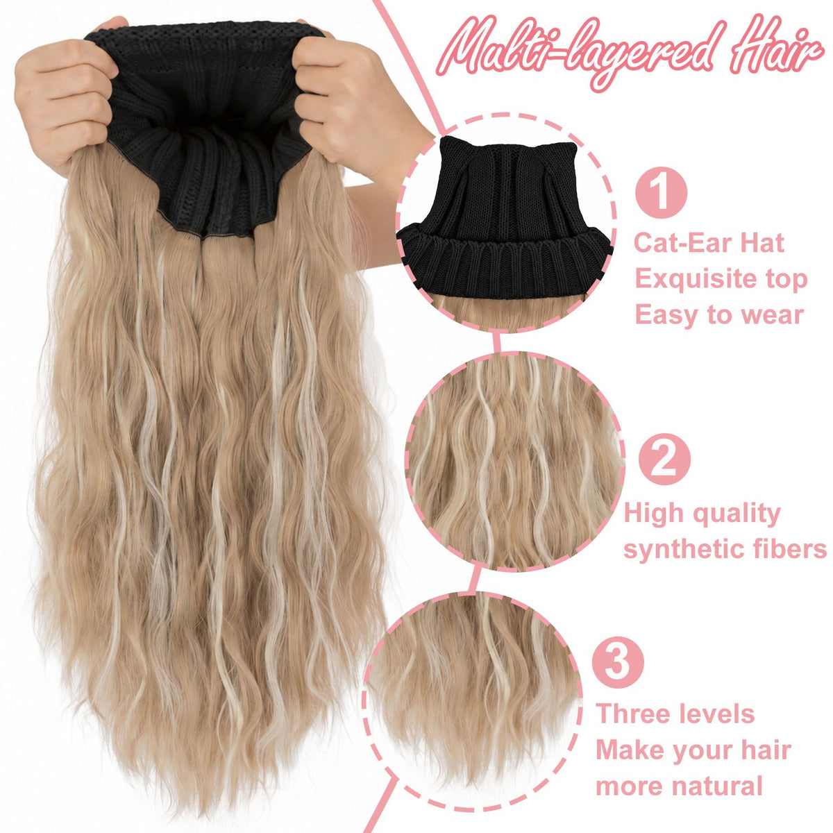 Women’s Winter Cat Ear Knit Hat Wig with Long Water Wave Synthetic Hair - All Colors
