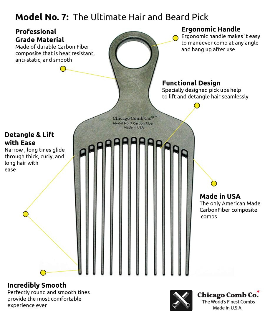 Carbon Fiber Pick Comb for Long Curly & Afro Hair - Detangling & Styling Tool