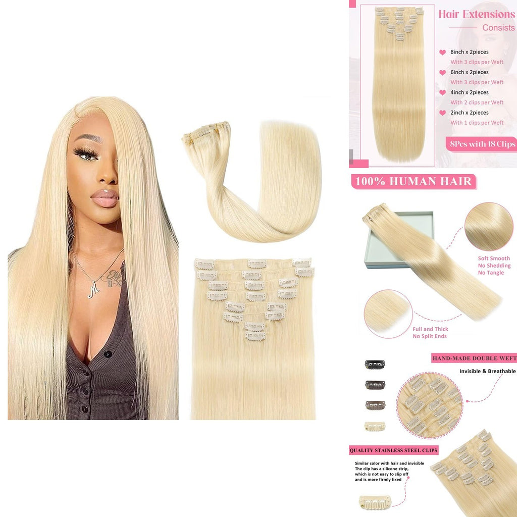 18 Inch Clip-In Hair Extensions Set - 8 Pieces in Platinum Blonde
