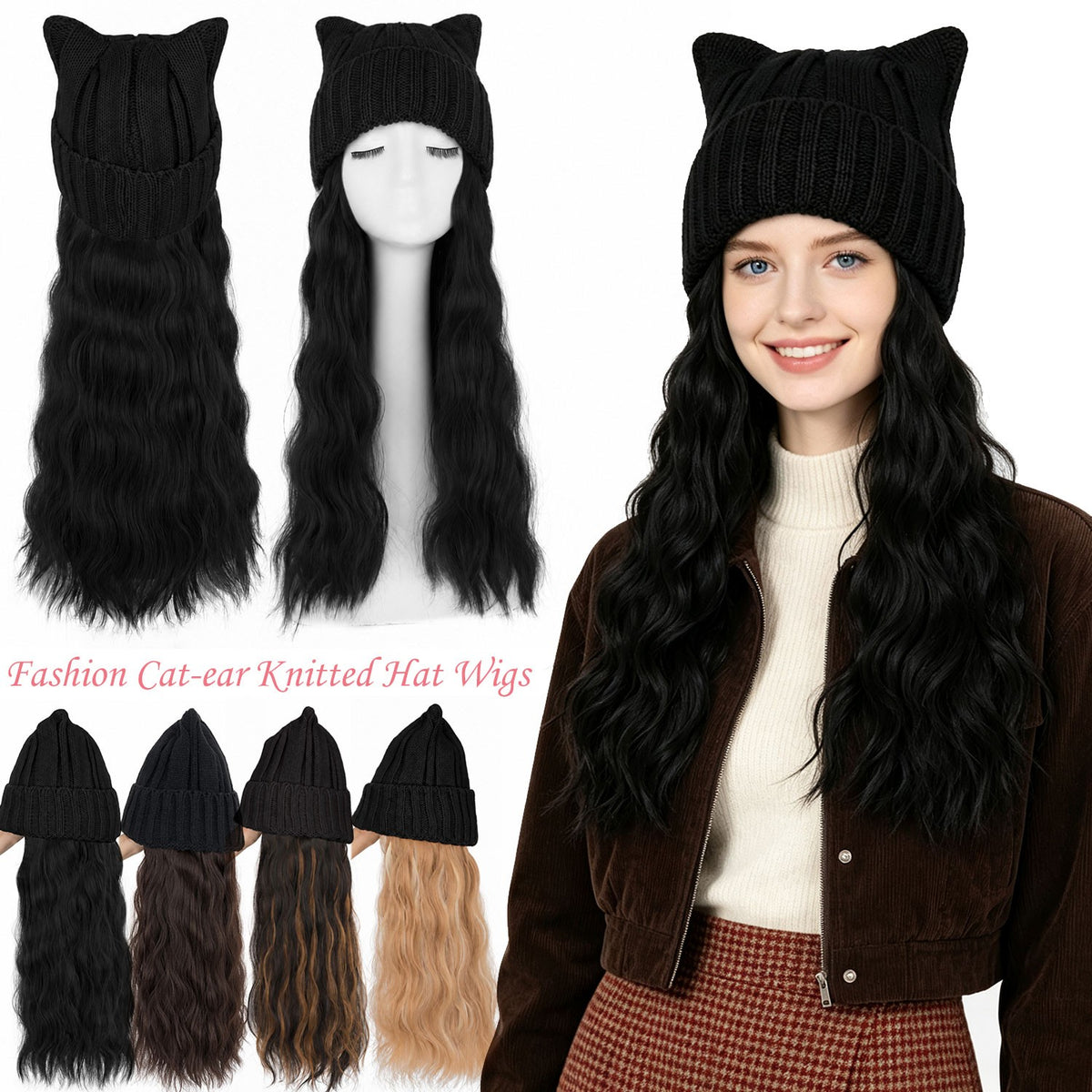 Women’s Winter Cat Ear Knit Hat Wig with Long Water Wave Synthetic Hair - All Colors