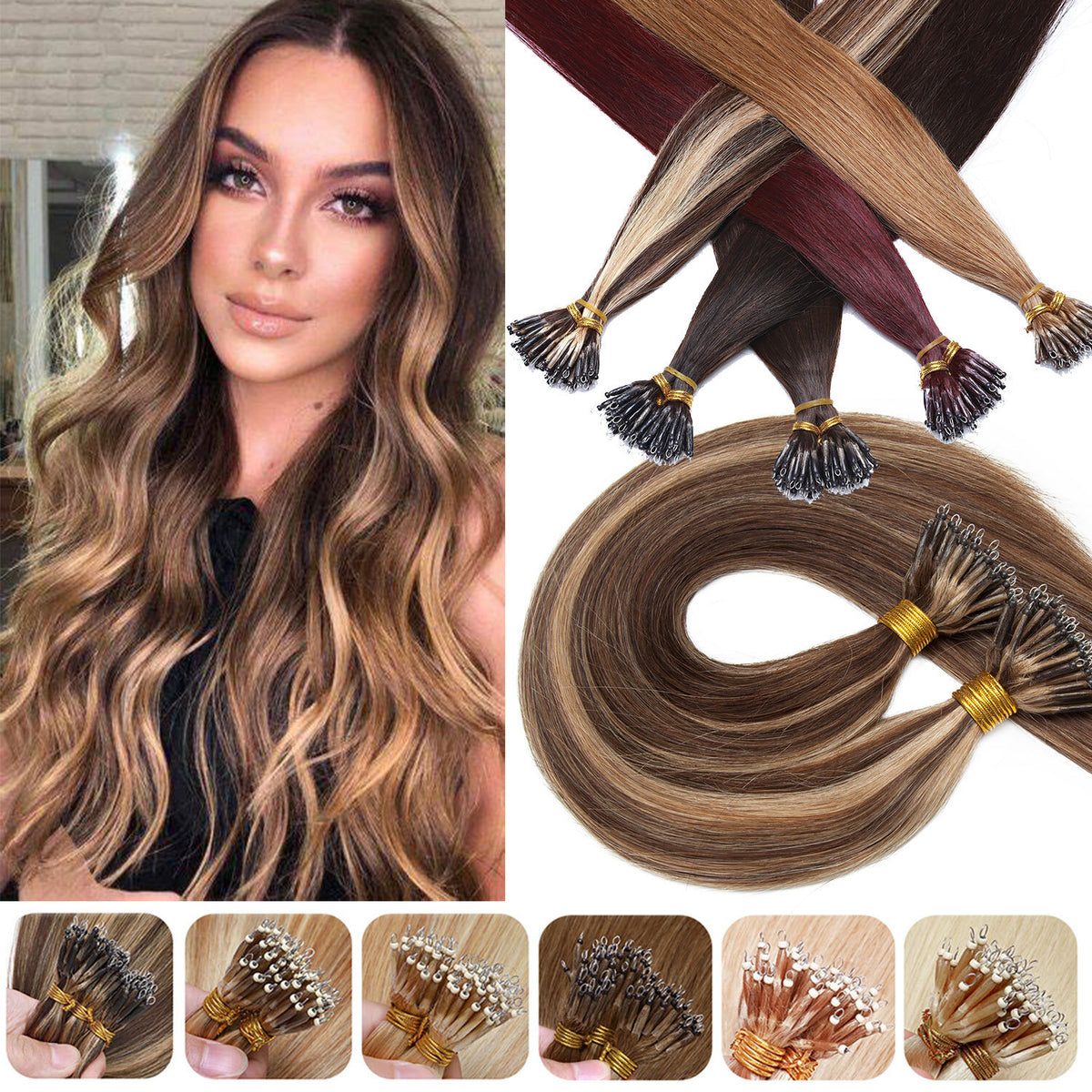 300PCS Human Hair Extensions Nano Ring Beads 16-22in Thick Remy Hair