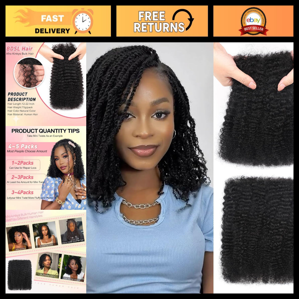12-Inch Afro Kinky Curly Human Hair Bulk for Dreadlocks & Braids - 2 Bundles