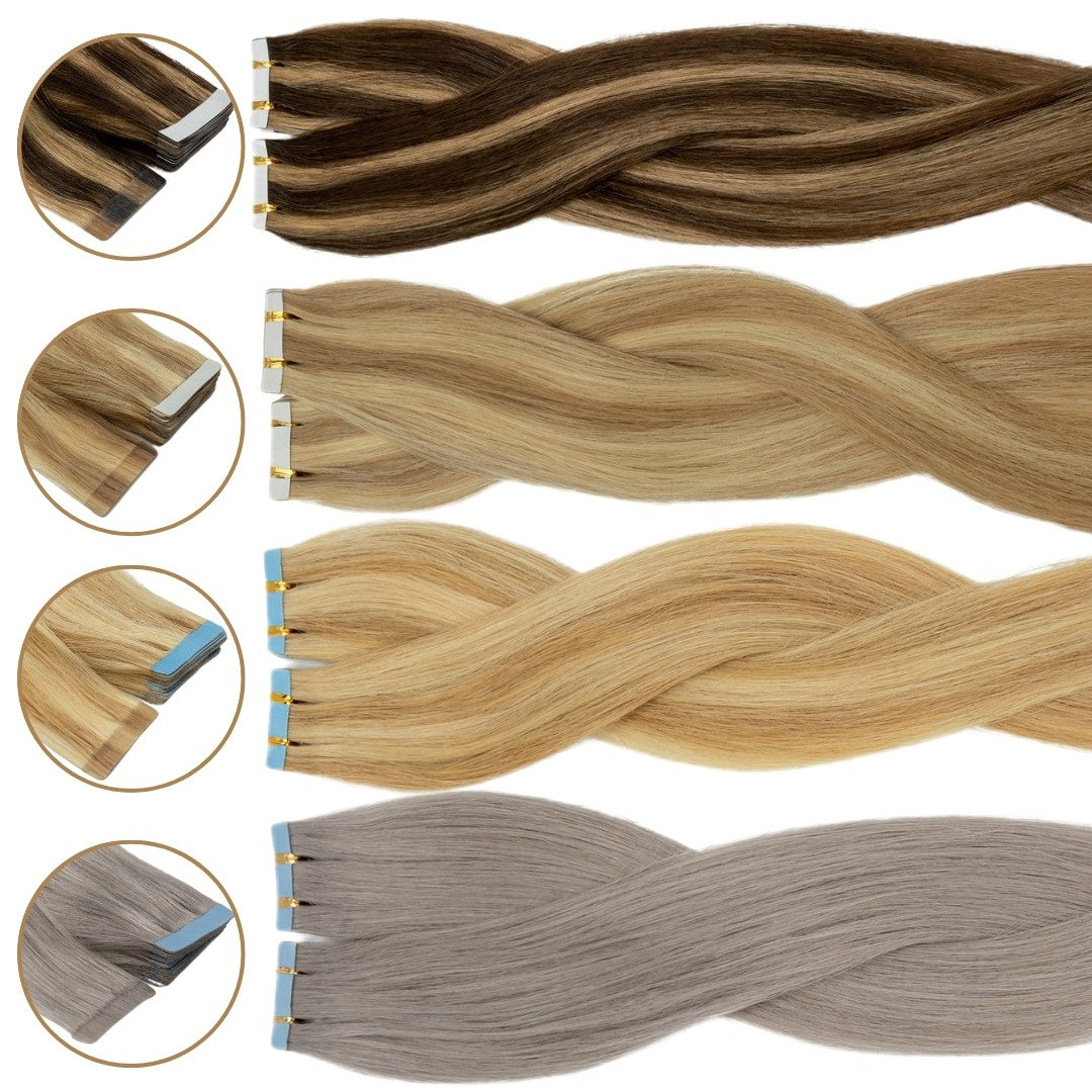 Indian Tape-In Human Hair Extensions Full Head Skin Weft 60pcs - Mix Colors & Lengths