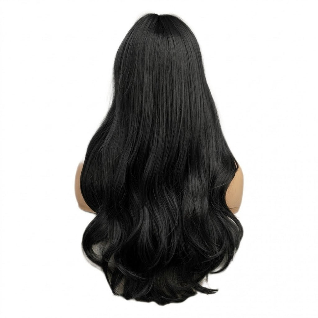 Long Wavy Synthetic Costume Wig with Bangs - Off Black, Heat Resistant, Soft & Natural Looking