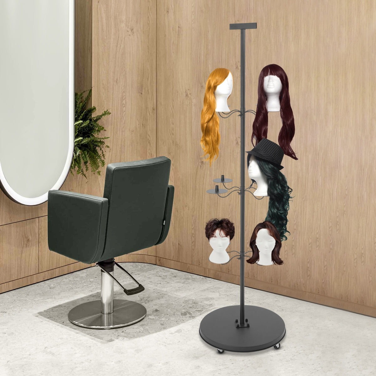 12-Head Wig Display Stand with Wheels - Black Iron Storage Rack for Wigs