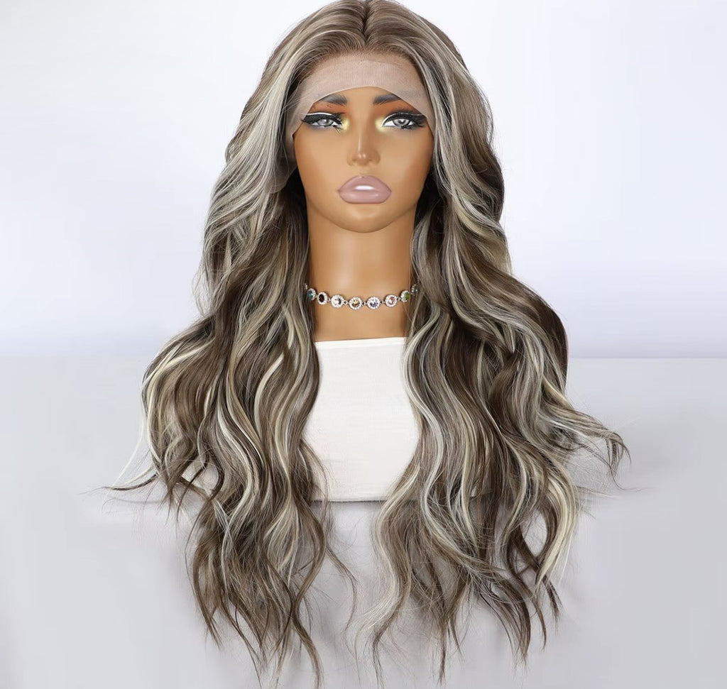 Ombre Brown Blonde 26 Inch Wavy Lace Front Wig - Body Wave Highlight Hair, Glueless Synthetic Style
