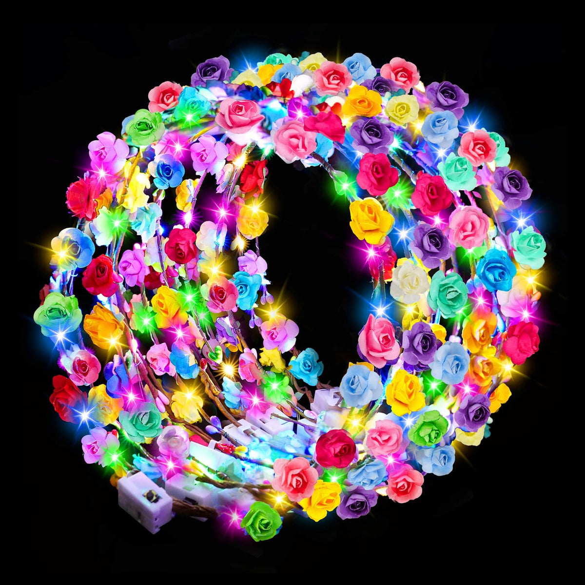 LED Flower Crown Headbands – 24 Pack Light Up Hair Accessories for Kids & Adults