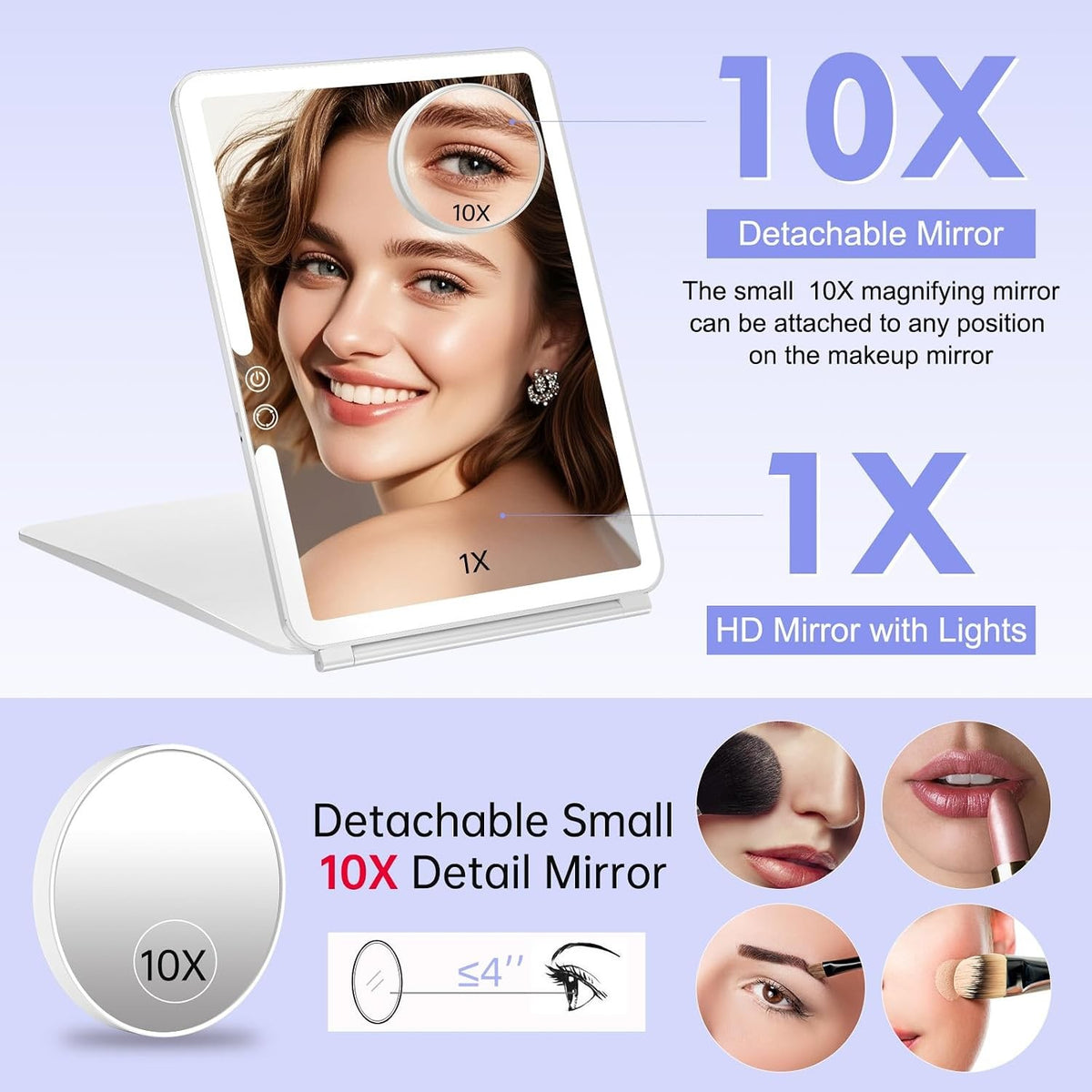 Rechargeable Lighted Travel Makeup Mirror with 10X Magnifier