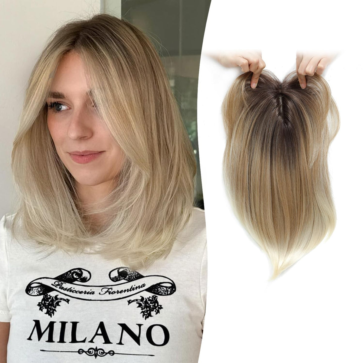 12-Inch Clip-In Hair Topper for Thinning Hair - Big Base, Dark Blonde with Dark Root