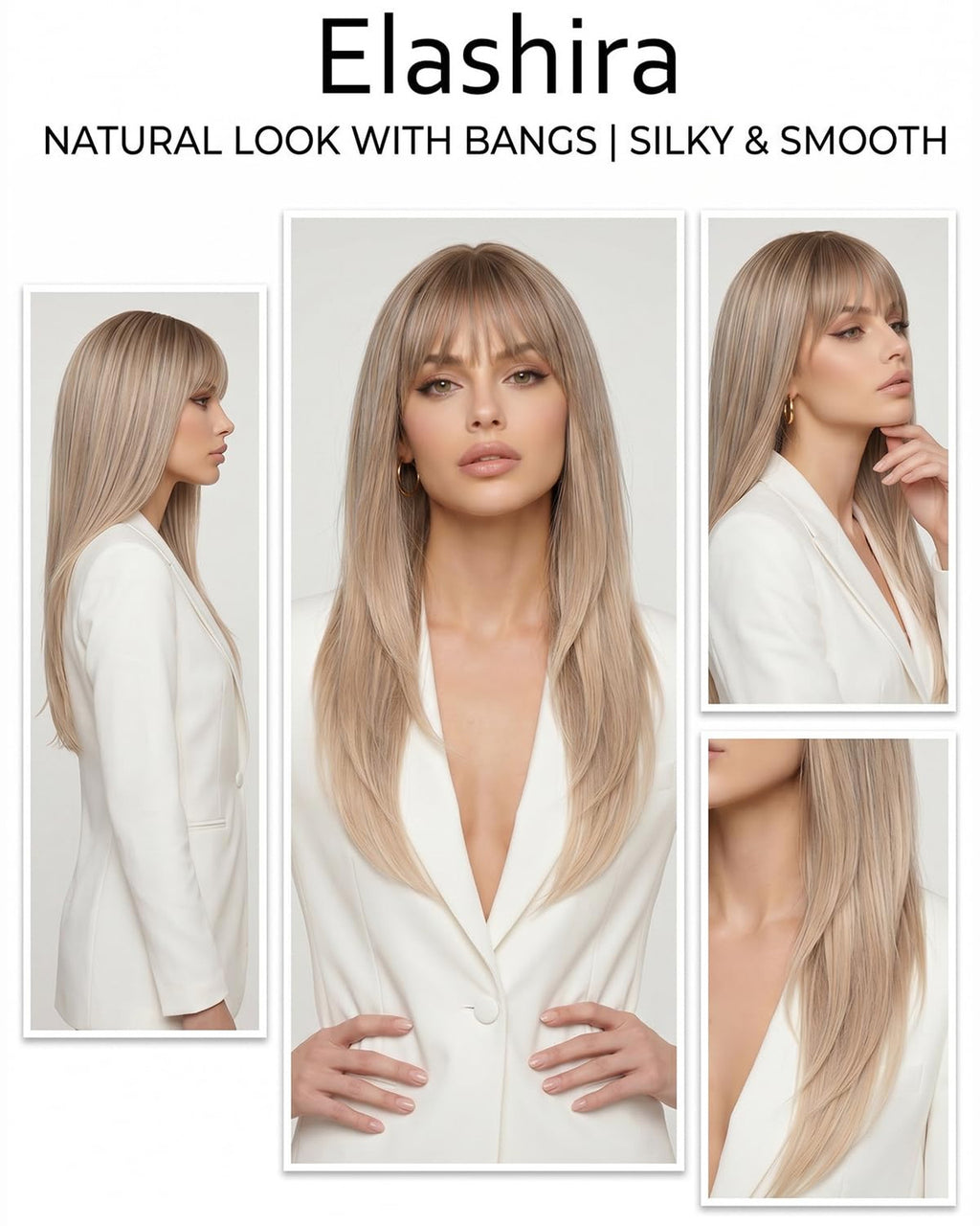 26-Inch Ombre Blonde Synthetic Wig with Bangs for Women - Heat-Resistant, Straight Hair Extension