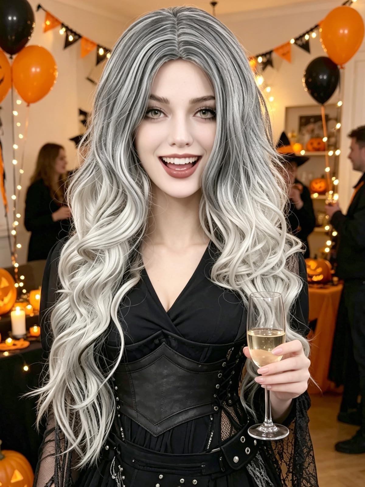 Long Curly Silver Grey Costume Wig for Women - Halloween & Cosplay