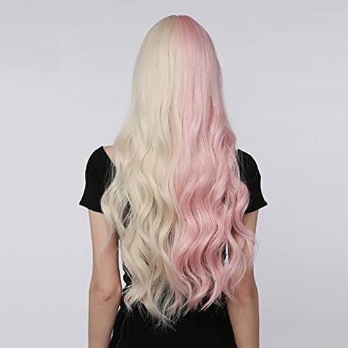 Pink Blonde Long Curly Wavy Cosplay Wig with Bangs - Synthetic Party Costume Accessory