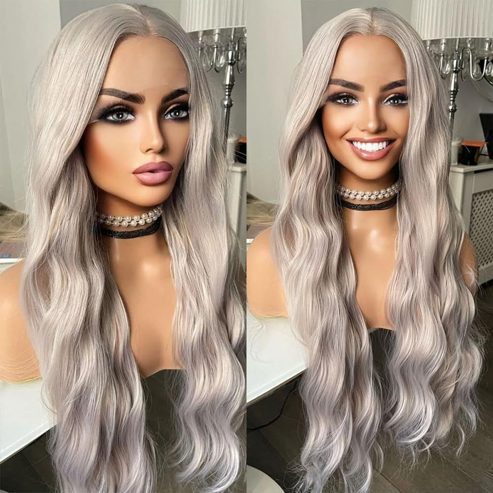 Long Wavy Silver Grey Synthetic Lace Front Wig for Women - Heat Resistant, Pre-Styled