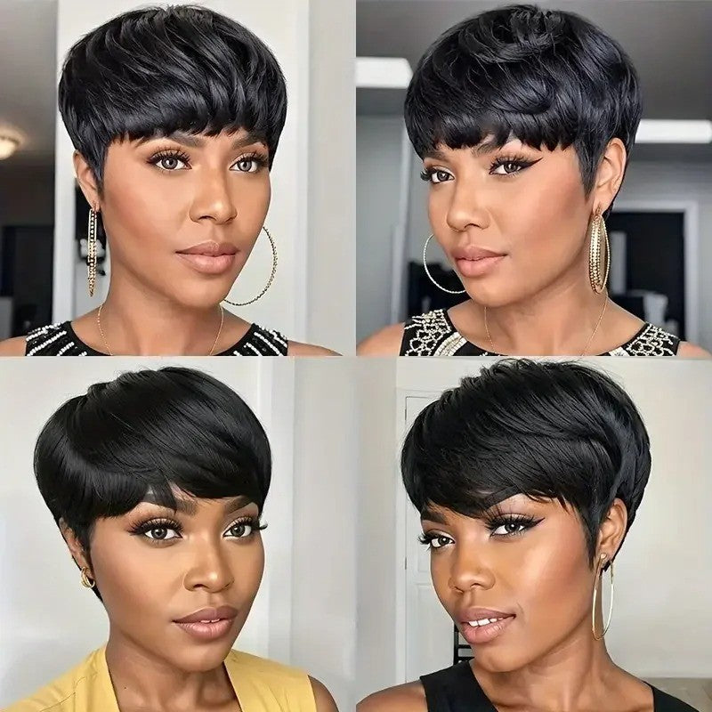 Short Bob Human Hair Wig with Bangs - 6 Inch Straight Pixie Style, Natural Color