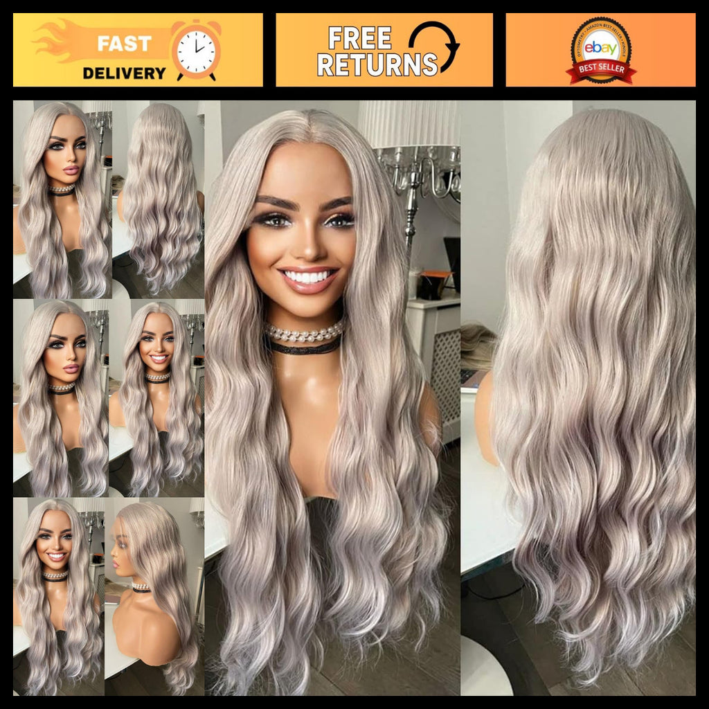 Long Wavy Silver Grey Synthetic Lace Front Wig for Women - Heat Resistant, Pre-Styled