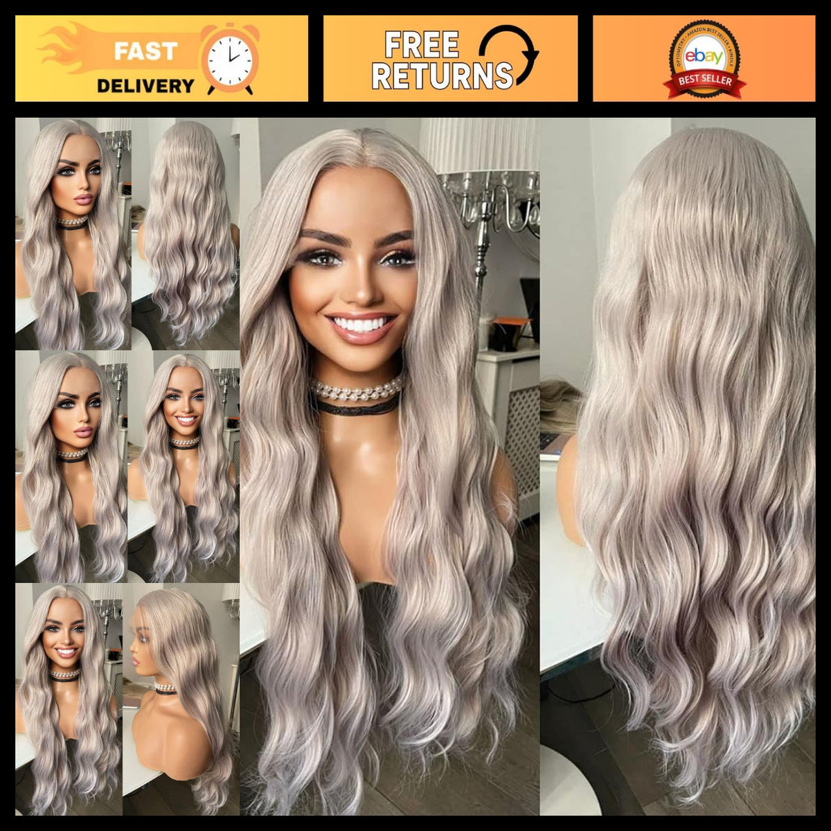 Long Wavy Silver Grey Synthetic Lace Front Wig for Women - Heat Resistant, Pre-Styled