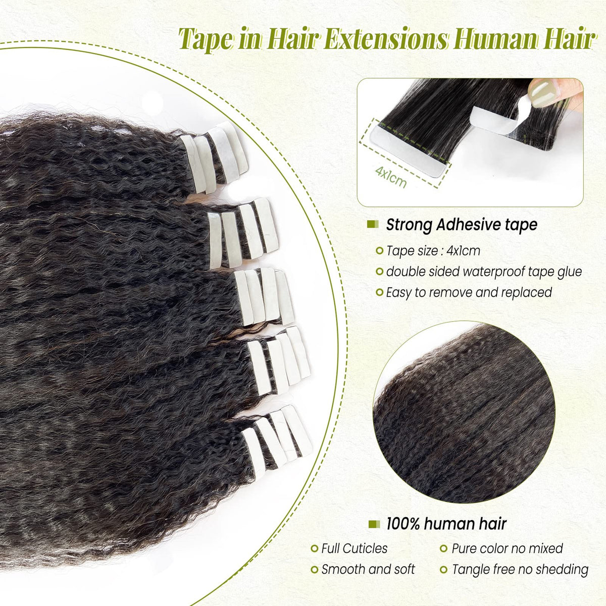 Human Hair Tape-In Extensions Kinky Straight Black for Women - 20 Inch