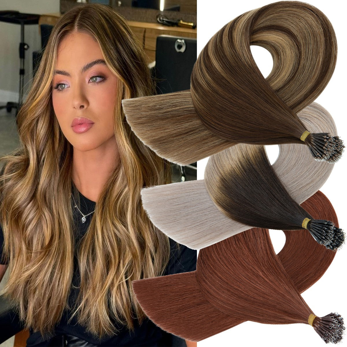 150Pcs Thick Remy Human Hair Extensions Nano Ring Micro Loop Beads - Multiple Colors & Lengths
