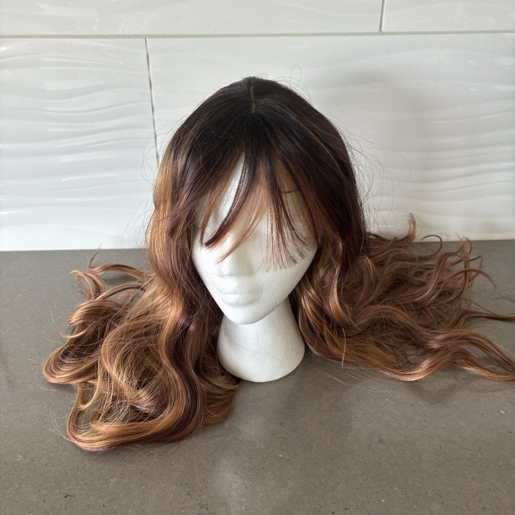 28-Inch Curly Synthetic Wig with Bangs Natural Black Highlights - Fast Shipping