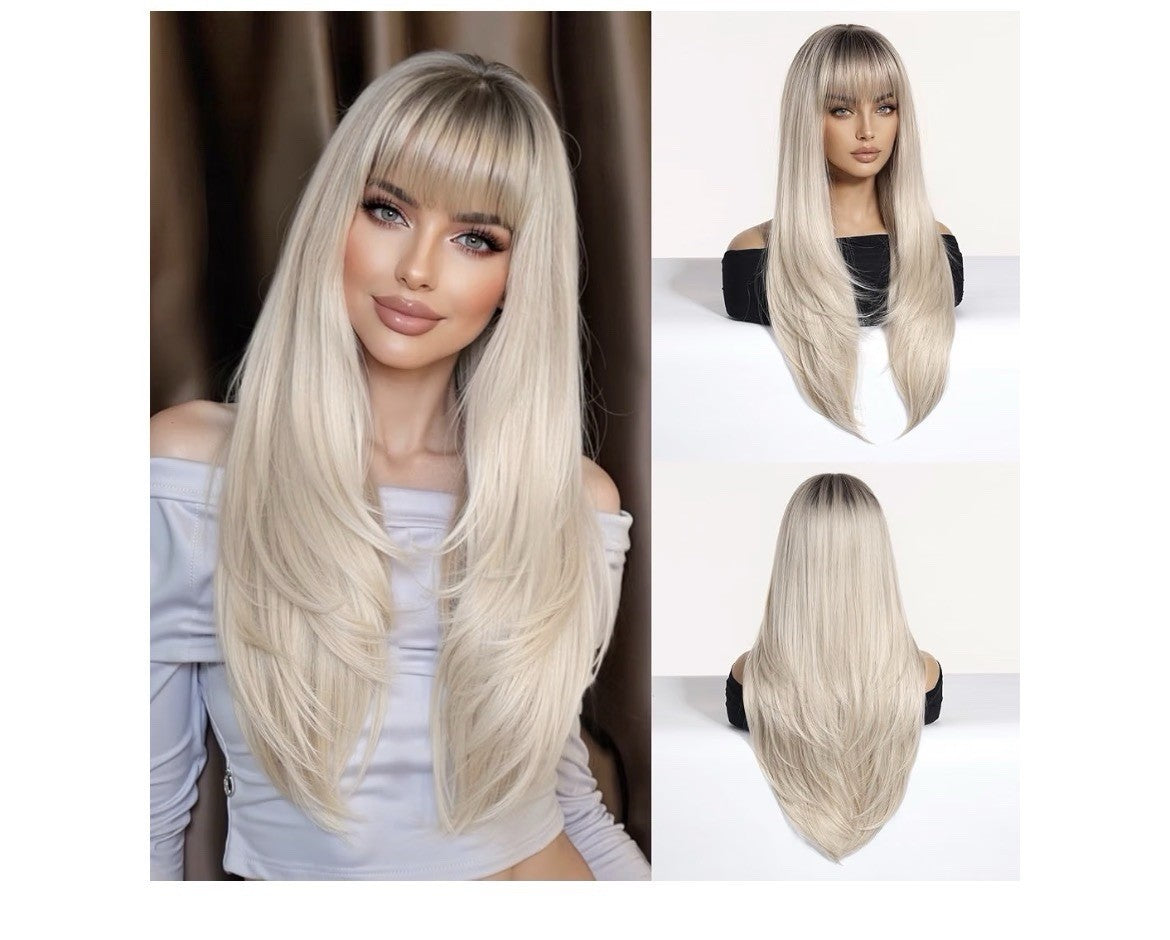 Blonde Human Hair Wig with Rooted Roots and Bangs - 26 Inch Soft & Silky