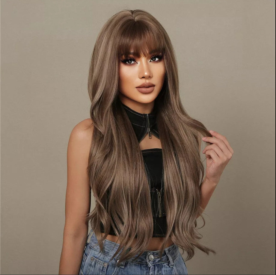 28 Inch Brown Blonde Highlight Wigs with Bangs Long Wavy Hair for Women
