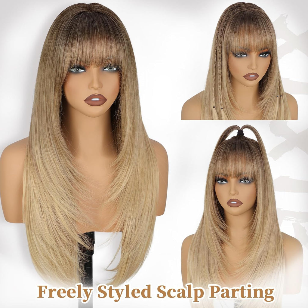 Blonde Wig with Bangs - Long Straight Layered Hair for Women, Natural Look, 26 Inch