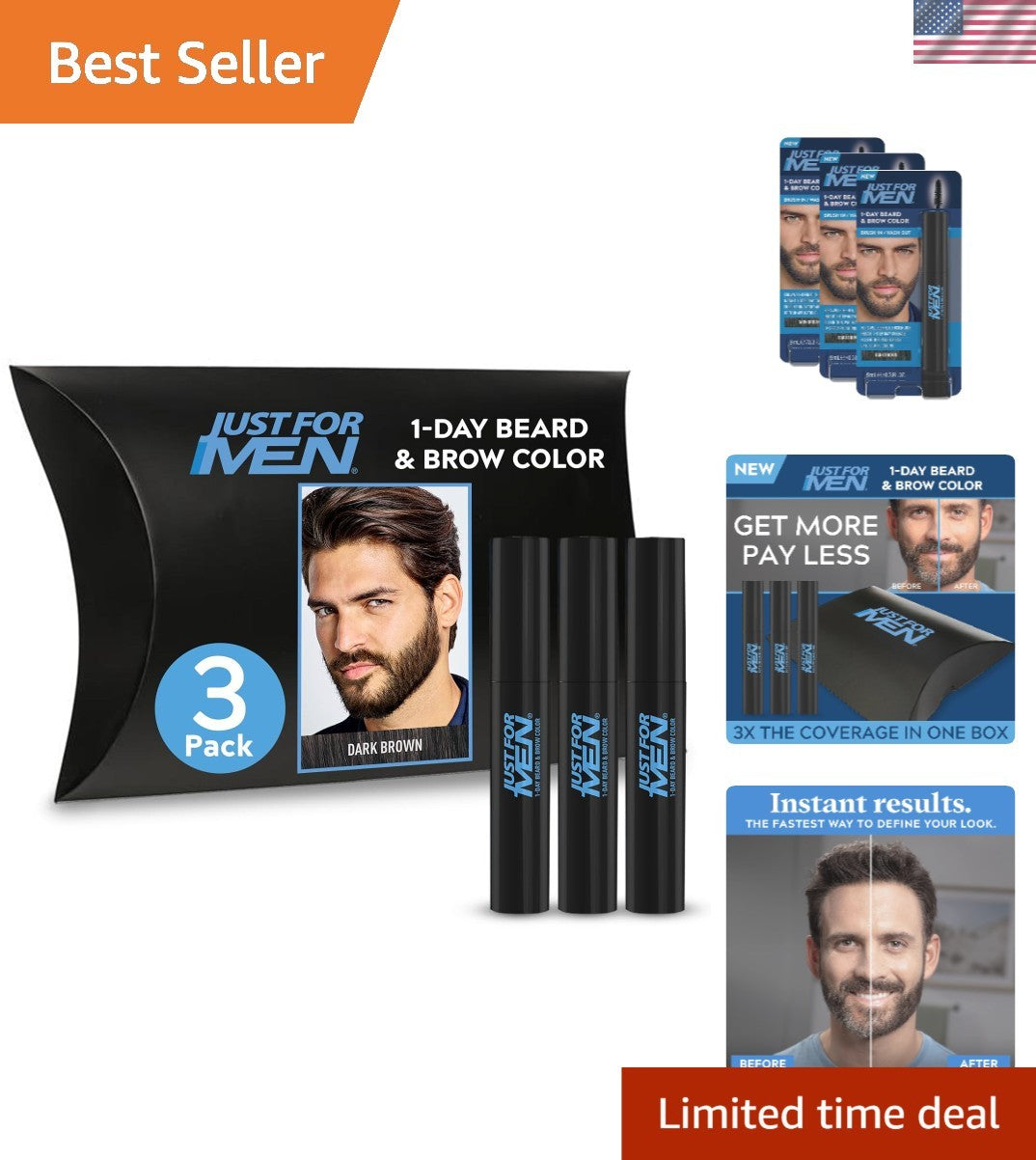 1-Day Beard & Brow Color Kit Dark Brown 3 Pack Instant Gray Coverage