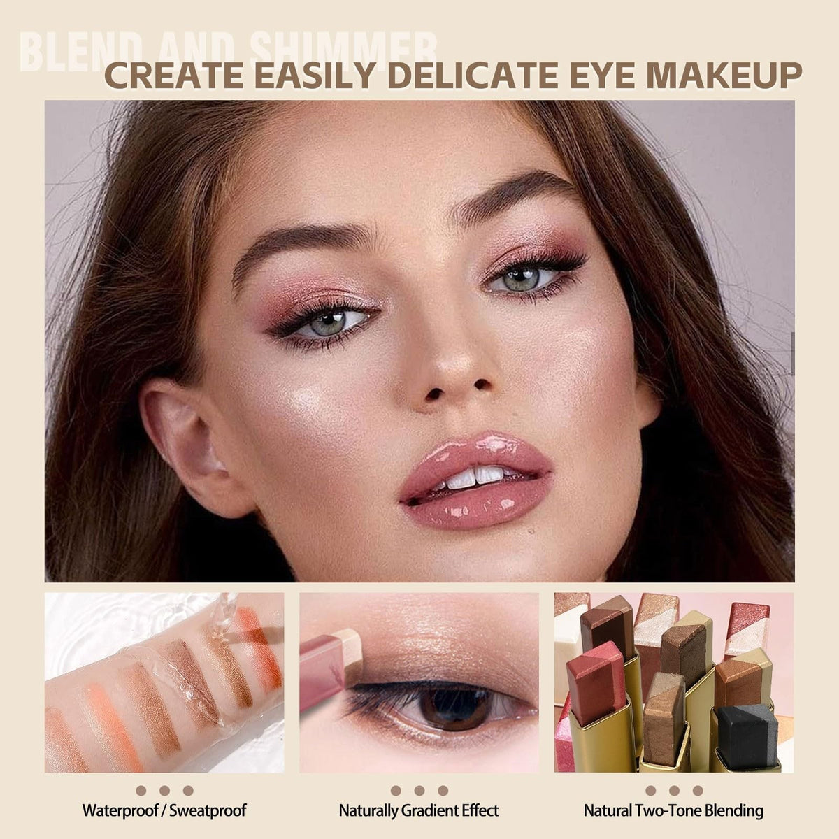 6-Piece Glitter Eye Shadow Sticks Set, Two-Color Gradient Waterproof Shimmer