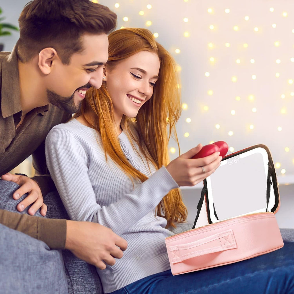 Travel Makeup Bag with LED Lighted Mirror and Adjustable Compartments
