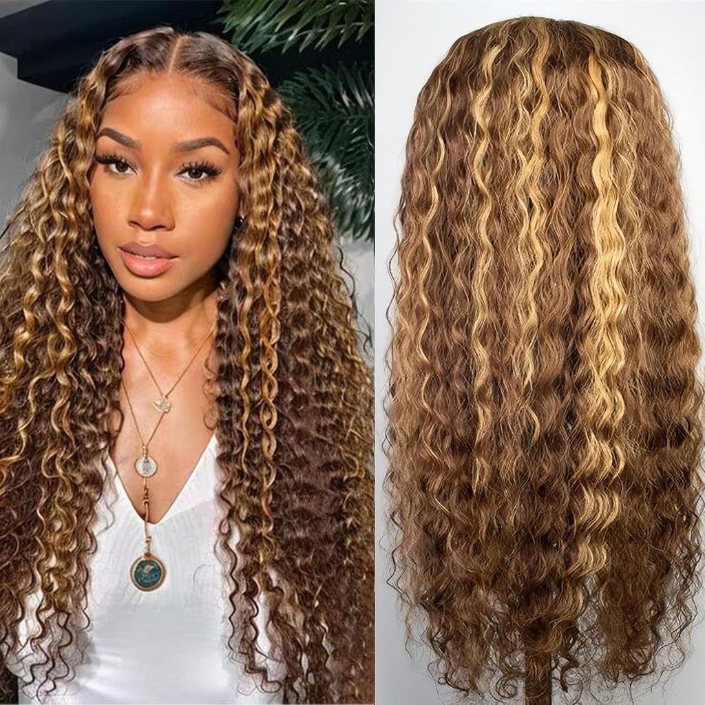 Deep Wave Human Hair Wigs 200% Density Honey Blonde 5x5 Lace Closure - Unbranded