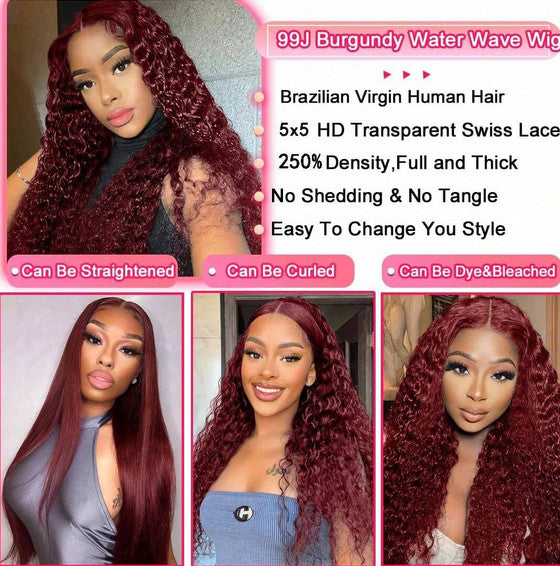 Human Hair Wig 5x5 Water Wave Burgundy 99J Natural 200% Density Unbranded