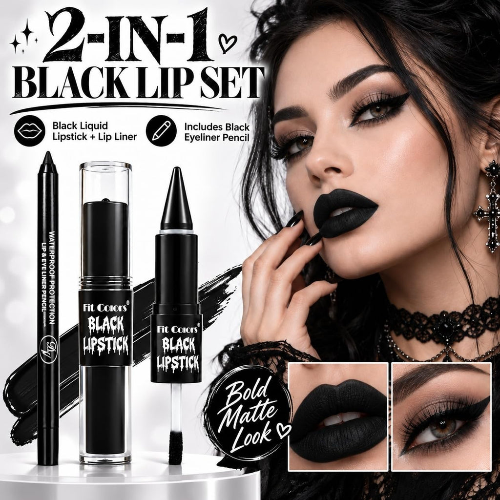 Black Liquid Lipstick & Lip Liner 2-in-1 Set - Waterproof Matte Finish