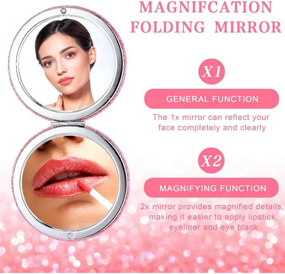 Pink Compact Travel Mirror with 1X & 2X Magnification - Folding Pocket Makeup Mirror
