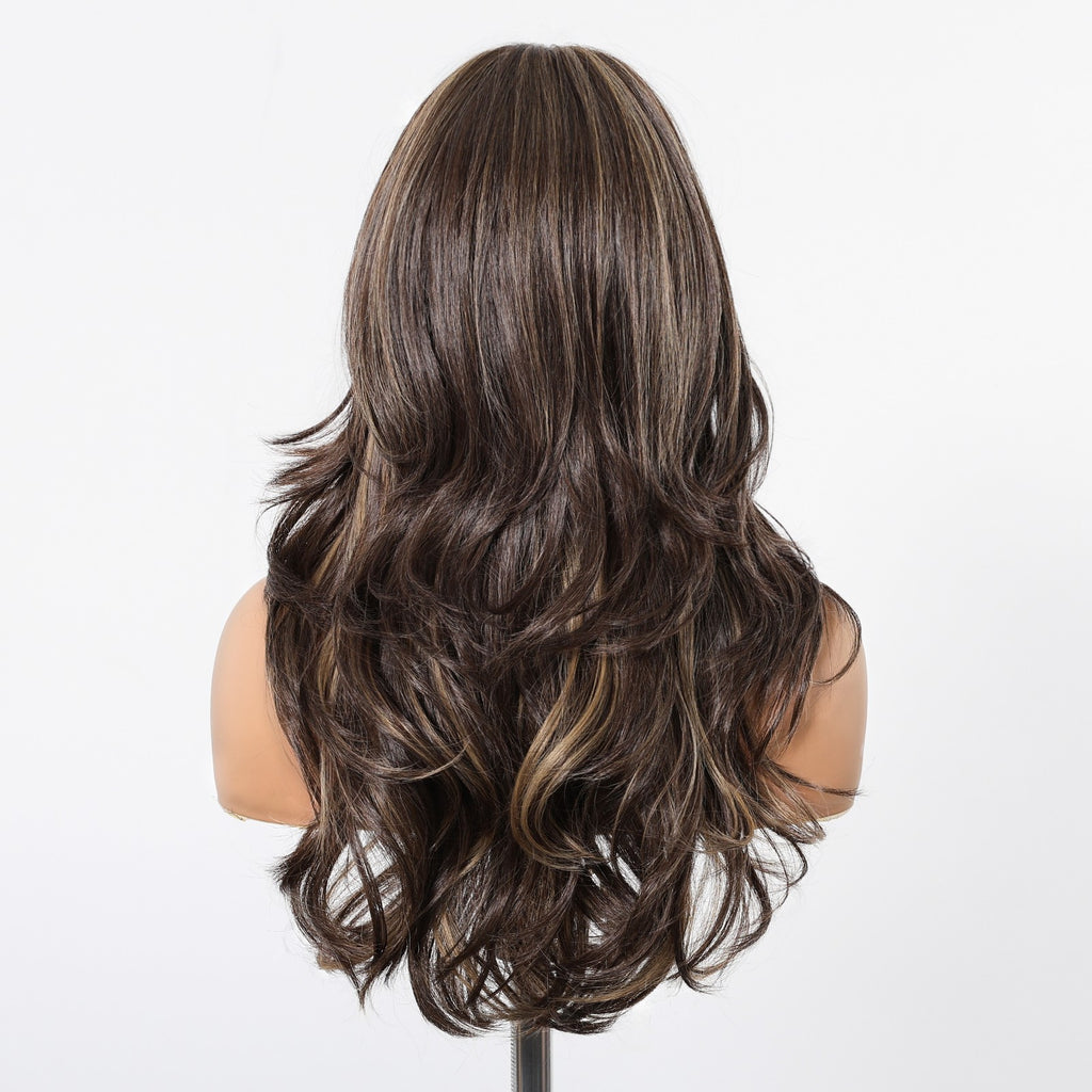 Women Cosplay Wig with Bangs, Long Wavy Synthetic Hair, Heat-Resistant Brown