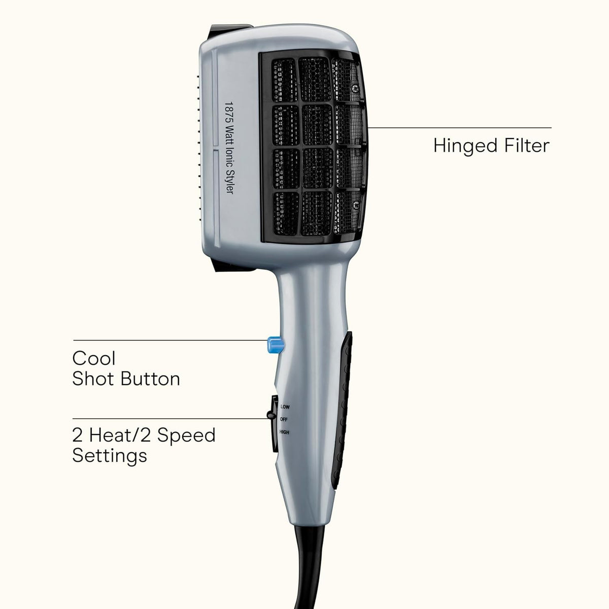 3-in-1 Ionic Hair Dryer with Attachments - 1875W Travel Styling Tool
