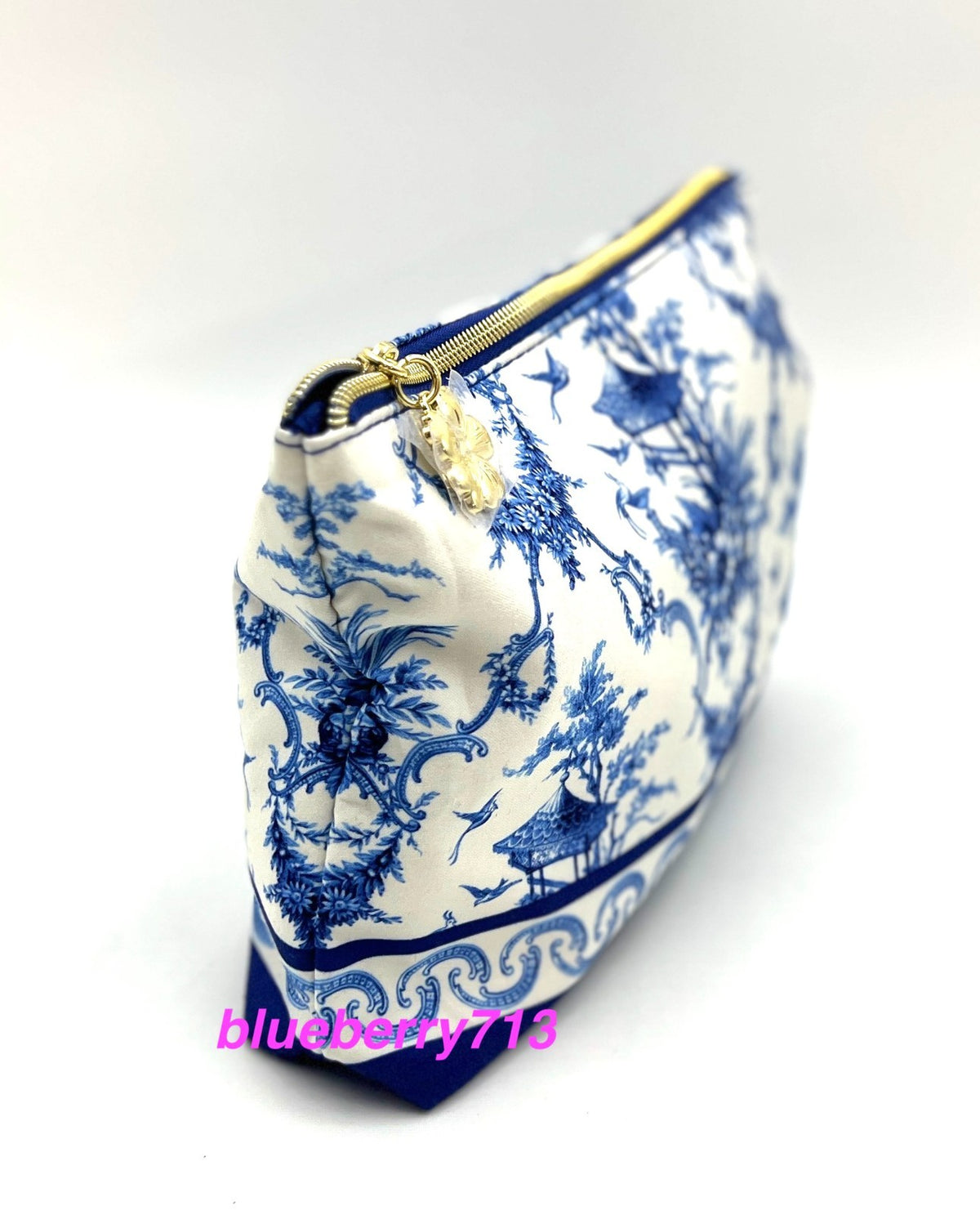 2-Piece Makeup Bag Set with Blue Flower and Bird Print, Zipper Closure