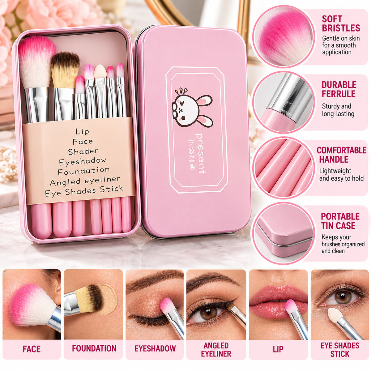 Pink Makeup Brush Set with Case - Cosmetic Face & Eye Brushes Travel Kit