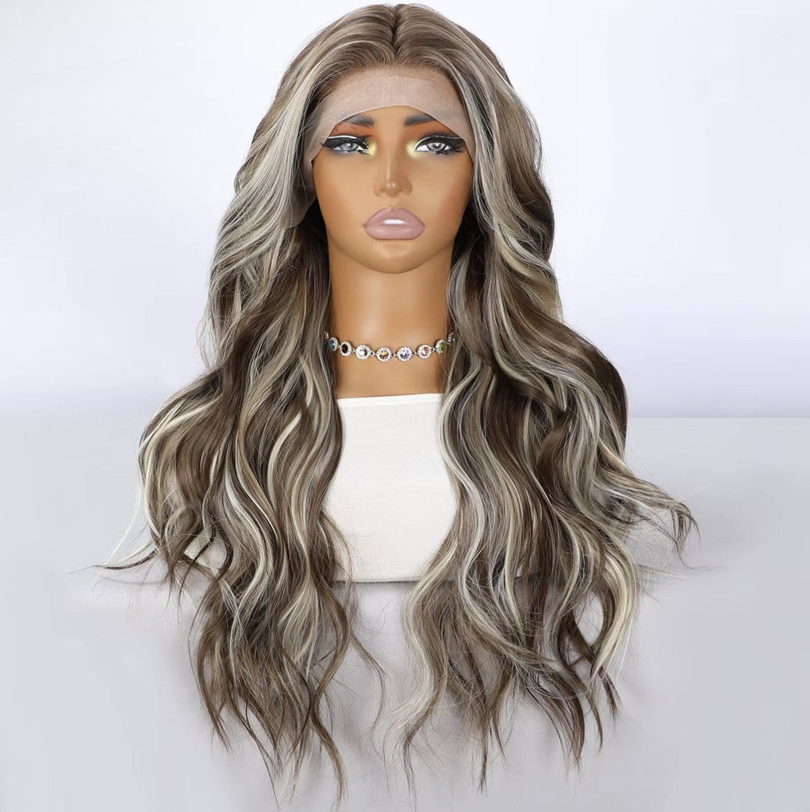 Ombre Brown Blonde 26 Inch Wavy Lace Front Wig - Body Wave Highlight Hair, Glueless Synthetic Style