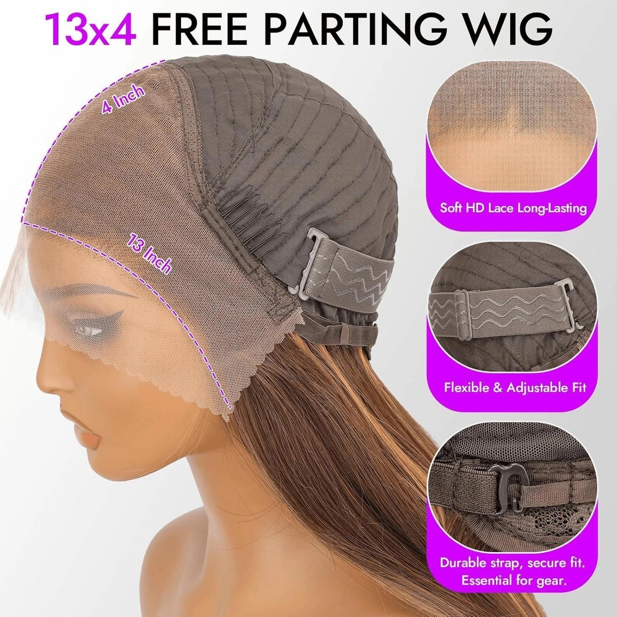 Long Human Hair Wigs with 13x4 HD Lace Front and Brown Highlights - Glueless Style