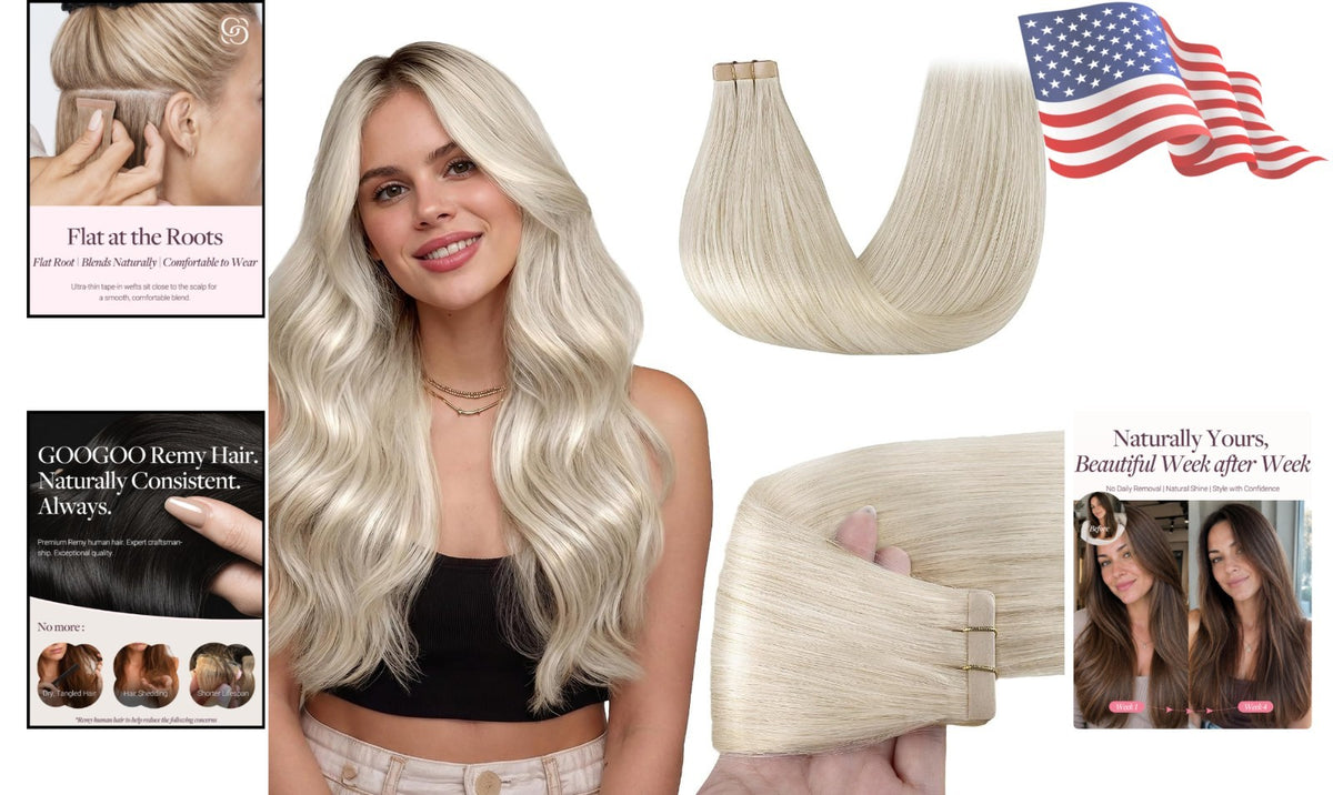 Invisible Tape-In Hair Extensions 18-Inch Platinum Blonde Remy Hair 20 Pieces