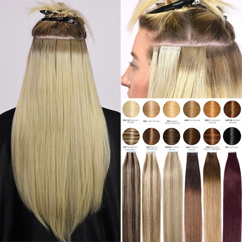 Human Hair Extensions Tape-In Full Head 22-Inch Balayage & Dark Colors